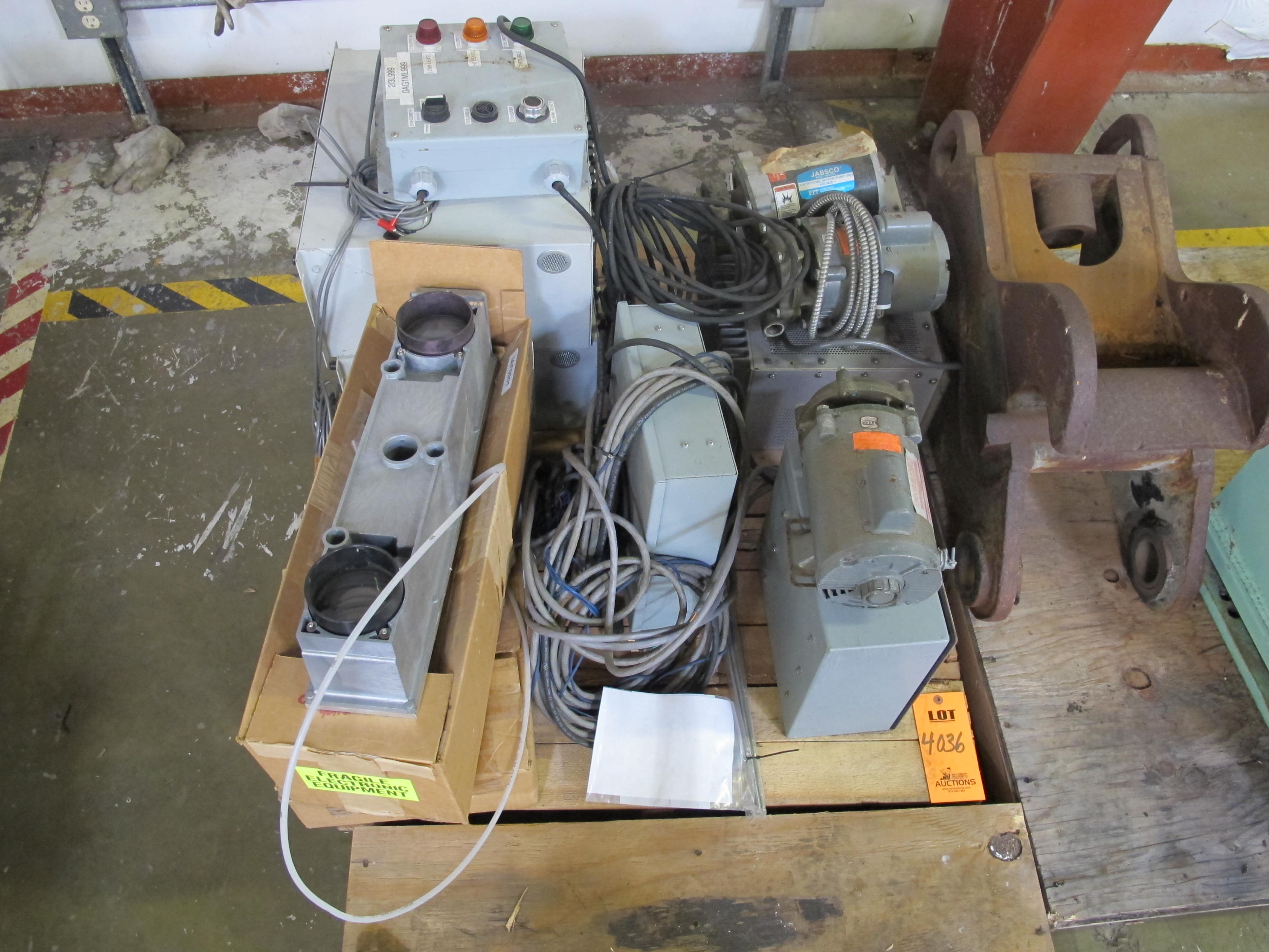 LOT TO INCLUDE: MISC. CONTROL BOX, INFRARED SENSOR, POWER SUPPLIES, (2) DAYTON MOTORS, MODEL #6K580, 1/2 HP, 3450 RPM, (1) EMERSON MODEL # SA55CXGBT-3922, 1/3B HP, 3450 RPM. LOADING & HANDLING FEE $15-4036